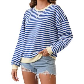 Women Striped Long Sleeve Sweatshirt Oversized Pullover Crewneck Sweater Color Block Casual Loose Tops Shirt Fall