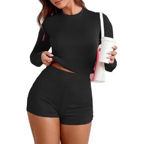 BARASA Womens Sexy Summer Two Piece Outfits Slim Fitted Long Sleeve Tops Casual Mini Shorts Set S90
