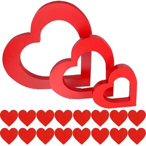 3 Pcs Valentines Day Heart Wooden Sign Heart Shape Wood Decor Love Table Decoration and 50 Pcs Red Wooden Heart Slices for Mother's Day Shelf Nursery Decor Home Decor
