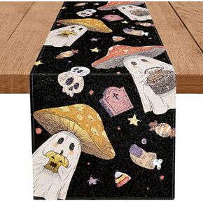 Halloween Table Runner Mushroom Tombstone Candy Skeleton Star Glitter Table Decorations 13x72 Inch for Seasonal Cute Kitchen Dining Table Indoor Outdoor Decor