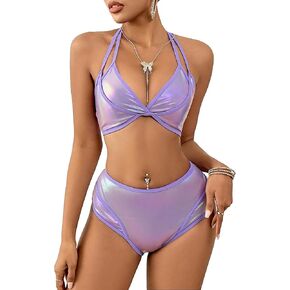 WDIRARA Women's 2 Pieces Swimwear Contrast Metallic Halter Neck Tie Back Bra and Panty Sexy Bikini Sets