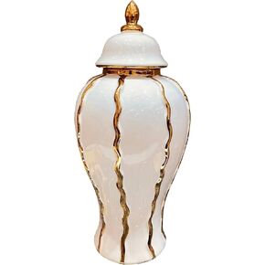 14" Ceramic Ginger jar vase electroplated Striped Pattern Gold Edged White Ginger jar Decorative vase with lid Suitable for Home, Office, Table, Living Room, Bookshelf (14in)