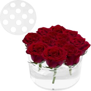 Acrylic Flower Vases for Centerpieces Round – 5.9" Large Clear Floral Vase with 12 Holes, Cylinder Box Arranger Low Base Holder for Wedding Birthday Party Events Home Dining Table Decor