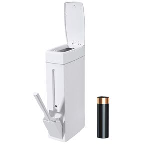 Slim Bathroom Trash Can with Lid,Small Bathroom Garbage Bin with Toilet Brush and Holder Set 4.5 Liter / 1.2 Gallon Dog Proof White Trash Can with Pop-Up Lid for Toilet, RVs