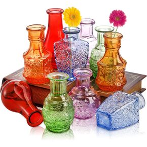 DEAYOU 10-Pack Glass Bud Vases for Decor, Small Vintage Flower Vases for Centerpieces, Crystal Colored Glass Single Bud Vase, Mini Rustic Glass Vase Antique Tiny Floral Bottle for Table, Plants, Home