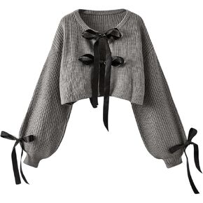 Verdusa Women's Knot Front Long Sleeve V Neck Knitted Cardigan Sweaters
