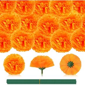 JUNEBRUSHS 60 Pcs Marigold Flower Heads Bulk, Mexican Artificial Marigold Flowers for Day of The Dead Decorations DIY Garland Craft Diwali Dia De Los Muertos Halloween Home Decor (Orange Yellow Red)
