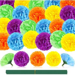JUNEBRUSHS 60 Pcs Marigold Flower Heads Bulk, Mexican Artificial Marigold Flowers for Day of The Dead Decorations DIY Garland Craft Diwali Dia De Los Muertos Halloween Home Decor (Orange Yellow Red)
