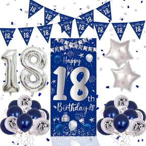 15th Birthday Decorations for Boys, Navy Blue Silver Happy 15th Birthday Decorations Door Sign Banner, 32" Number 15 Foil Balloon for Son 33PCS Balloons Triangle Flag 15 Years Old Bday Party Supplies