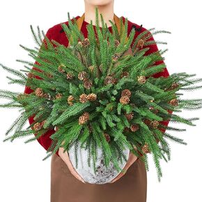 Serwalin 12PCS Norfolk Pine Stems, 23.6“ Real Touch Artificial Pine Branches with Pine Cones, Faux Christmas Greenary for DIY Crafts Wreath Indoor Outdoor Home Decor