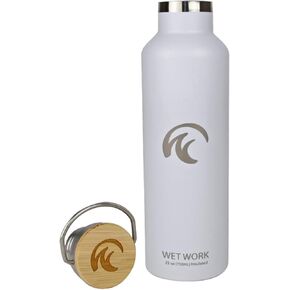 Stainless Steel Water Bottle for Hot and Cold Drinks - Double Wall Insulated Thermos for Water, Soda, Coffee, Tea with Wide Mouth, Metal Handle, Bamboo Top - Great for Travel, Hiking, Camping