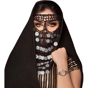bonballoon Black Burka Borqa Burqa Belly Dance Costume Head Band Coins Crochet Face Mask Veil Tribal Bedouin Tribal Gypsy Oriental Hand Made New (Silver Tone Coins)