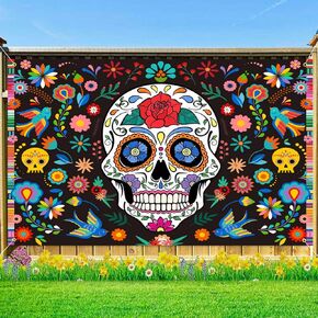 1pc Mexican Fiesta Day of The Dead Backdrop Banner 70.8×43.3" Large Dia De Los Muertos Banner Skull Mexican Photo Background Party Decorations for Halloween Day of The Dead Decorations (A)
