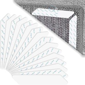 Rug Tape 12PCS Reusable Washable Removable Non-Slip Rug Stickers, Double Sided Adhesive Rug Grippers for Hardwood Floors Tile, No Damage Carpet Tape to Prevent Sliding for Area Rugs, White