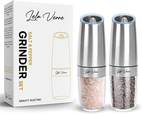 Gravity Electric Pepper and Salt Grinder Mill Set - [WHITE LIGHT] Adjustable Coarseness, Battery Powered, One Hand Automatic Operation, Gold, Set of 2 by Lela Verre… in Saudi Arabia