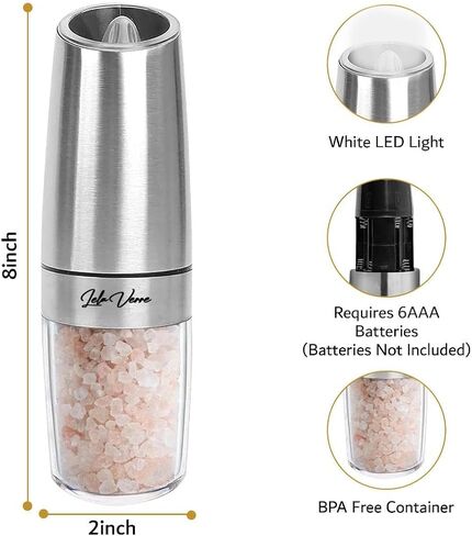 Gravity Electric Pepper and Salt Grinder Mill Set - [WHITE LIGHT] Adjustable Coarseness, Battery Powered, One Hand Automatic Operation, Gold, Set of 2 by Lela Verre… in Saudi Arabia