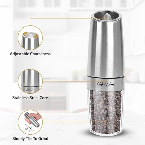 Gravity Electric Pepper and Salt Grinder Mill Set - [WHITE LIGHT] Adjustable Coarseness, Battery Powered, One Hand Automatic Operation, Gold, Set of 2 by Lela Verre… in Saudi Arabia
