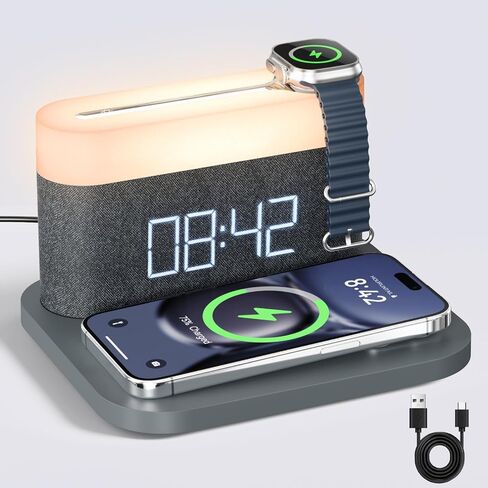 Alarm Clock for bedrooms,15W Wireless with USB Charging Port Nightlight Alarm Clock,LED Display,colorful atmosphere lights,Touch Bedside Alarm Clock with Adjustable Brightness in Saudi Arabia