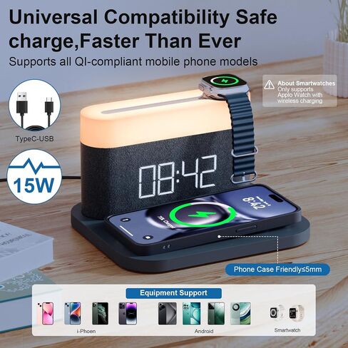 Alarm Clock for bedrooms,15W Wireless with USB Charging Port Nightlight Alarm Clock,LED Display,colorful atmosphere lights,Touch Bedside Alarm Clock with Adjustable Brightness in Saudi Arabia