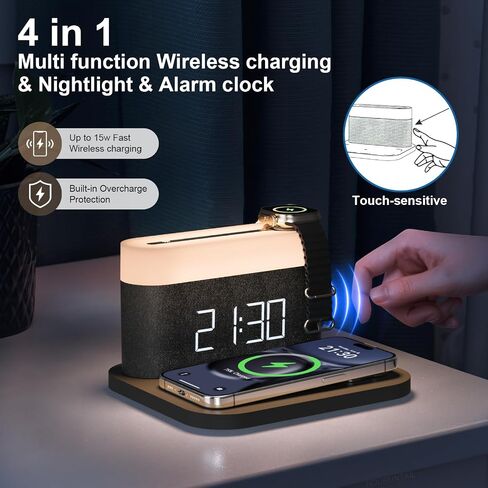 Alarm Clock for bedrooms,15W Wireless with USB Charging Port Nightlight Alarm Clock,LED Display,colorful atmosphere lights,Touch Bedside Alarm Clock with Adjustable Brightness in Saudi Arabia