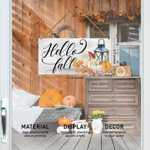 Hello Fall Wood Sign Decor, Fall Pumpkin Wall Decor for Home Porch Farmhouse Living Room Autumn Front Door Decorations Thanksgiving Harvest Hanging Sign Decor in Saudi Arabia