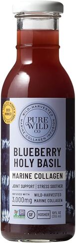 Wild Marine Collagen Drink — with 3,000mg Hydrolyzed Liquid Collagen Peptides - Supports Hair, Skin, Joints - 12oz Bottle, 12-Pack (Blueberry Holy Basil) in Saudi Arabia