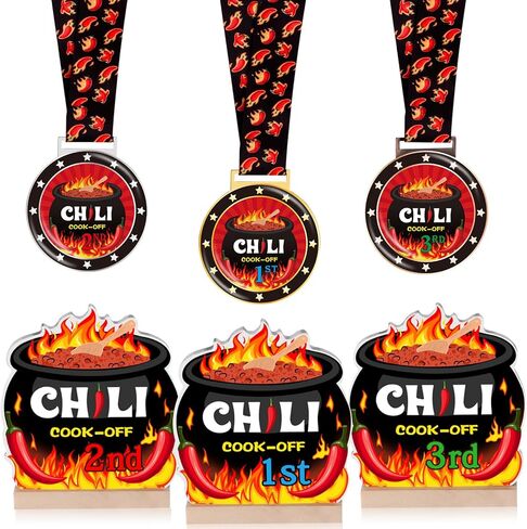 Misdary 6 Pcs Chili Cook Off Prizes Set Chili Trophies and Chili Cook Off Medals Chili Cook Off Decorations Available 1st 2nd 3rd Place Trophy Set for Chili Cook Off Gifts Supplies Events in Saudi Arabia
