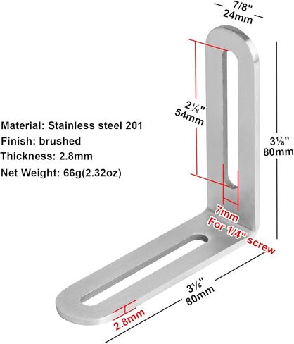 10 قطع 3-1/8 بوصة طول × 7/8 بوصة عرض × 3-1/8 بوصة ارتفاع قابل للتعديل من الفولاذ المقاوم للصدأ مشقوق على شكل حرف L لبرغي 1/4 بوصة، سمك 2.8 مم in Kuwait
