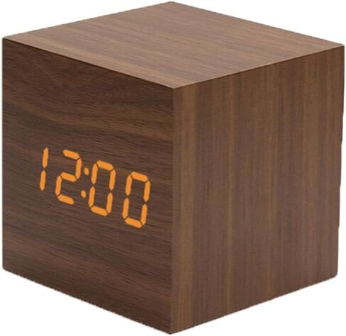 منبهات خشبية شاشة LED رقمية مع التحكم الصوتي في درجة الحرارة والتاريخ والوقت ساعة كهربائية جمالية صغيرة مكعبة لغرفة النوم وسطح المكتب والمكتب والسرير والسفر والديكور الفني باللون البني in Kuwait