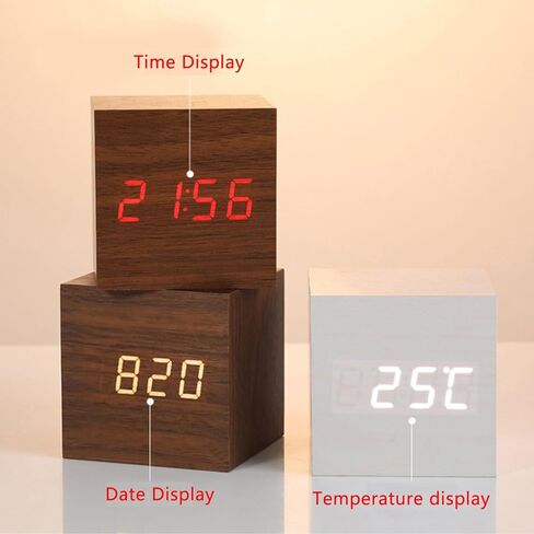 منبهات خشبية شاشة LED رقمية مع التحكم الصوتي في درجة الحرارة والتاريخ والوقت ساعة كهربائية جمالية صغيرة مكعبة لغرفة النوم وسطح المكتب والمكتب والسرير والسفر والديكور الفني باللون البني in Kuwait