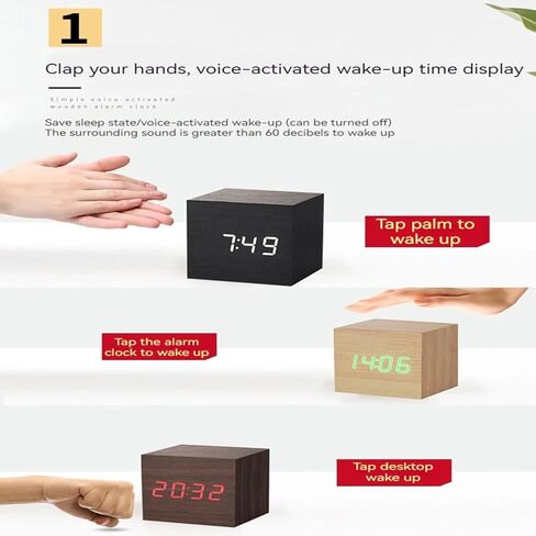 منبهات خشبية شاشة LED رقمية مع التحكم الصوتي في درجة الحرارة والتاريخ والوقت ساعة كهربائية جمالية صغيرة مكعبة لغرفة النوم وسطح المكتب والمكتب والسرير والسفر والديكور الفني باللون البني in Kuwait