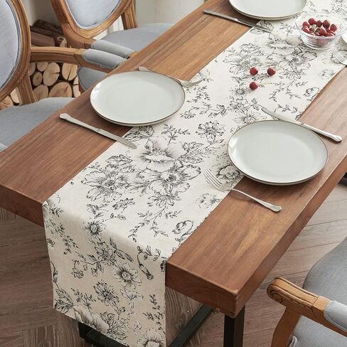 jinchan Floral Linen Table Runner for Kitchen Farmhouse Table Cloth with Black Flower Print 13 x 70 Inch Beige Linen Blend Cloth for Kitchen Dining Table Indoor Outdoor Decor 1 Panel in Kuwait