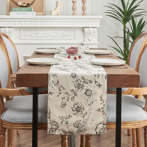 jinchan Floral Linen Table Runner for Kitchen Farmhouse Table Cloth with Black Flower Print 13 x 70 Inch Beige Linen Blend Cloth for Kitchen Dining Table Indoor Outdoor Decor 1 Panel in Kuwait