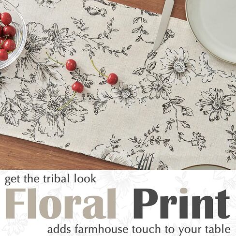 jinchan Floral Linen Table Runner for Kitchen Farmhouse Table Cloth with Black Flower Print 13 x 70 Inch Beige Linen Blend Cloth for Kitchen Dining Table Indoor Outdoor Decor 1 Panel in Kuwait