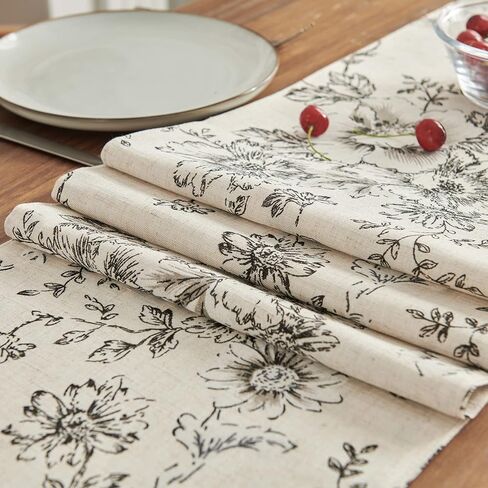 jinchan Floral Linen Table Runner for Kitchen Farmhouse Table Cloth with Black Flower Print 13 x 70 Inch Beige Linen Blend Cloth for Kitchen Dining Table Indoor Outdoor Decor 1 Panel in Kuwait