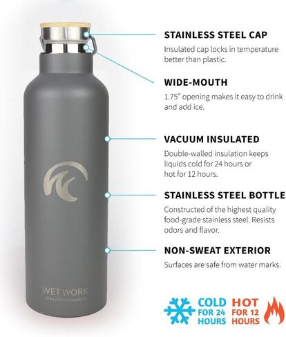 Stainless Steel Water Bottle for Hot and Cold Drinks - Double Wall Insulated Thermos for Water, Soda, Coffee, Tea with Wide Mouth, Metal Handle, Bamboo Top - Great for Travel, Hiking, Camping in Saudi Arabia