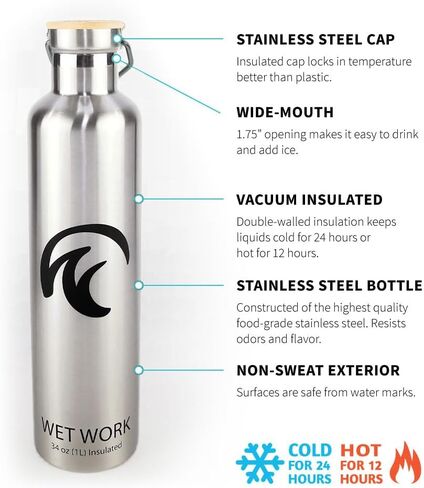 Stainless Steel Water Bottle for Hot and Cold Drinks - Double Wall Insulated Thermos for Water, Soda, Coffee, Tea with Wide Mouth, Metal Handle, Bamboo Top - Great for Travel, Hiking, Camping in Saudi Arabia