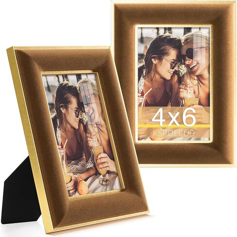4x6 Velvet Picture Frame, Brown Photo Frames with Modern Simple Metallic Gold Border, HD Real Glass Horizontal & Vertical Display for Tabletop and Wall Collage Decor (2 Pack) in Saudi Arabia