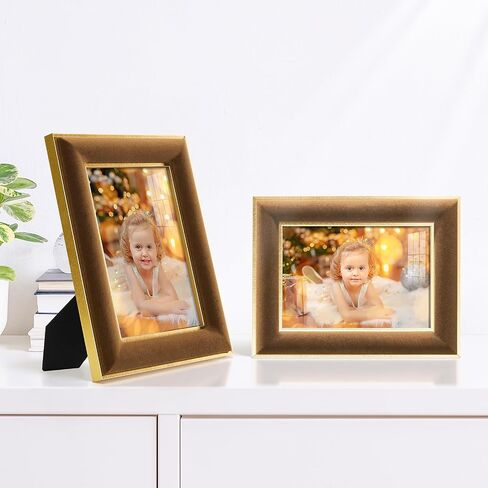 4x6 Velvet Picture Frame, Brown Photo Frames with Modern Simple Metallic Gold Border, HD Real Glass Horizontal & Vertical Display for Tabletop and Wall Collage Decor (2 Pack) in Saudi Arabia