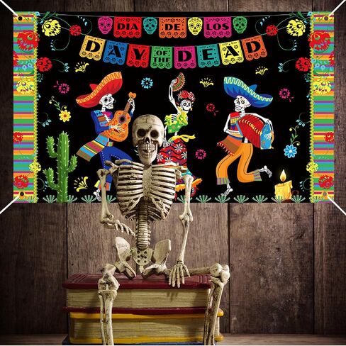 قطعة واحدة من لافتة خلفية يوم العيد الميت المكسيكي مقاس 70.8×43.3 بوصة، لافتة كبيرة Dia De Los Muertos، جمجمة مكسيكية، صورة خلفية ديكورات الحفلات لعيد الهالوين ديكورات يوم الموتى (أ) in Saudi Arabia