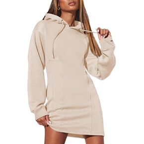 AlvaQ Womens Hoodie Dresses Fall Winter 2024 Casual Long Sleeve Drawstring Pleated Sweatshirt Pullover Tunic Mini Dress