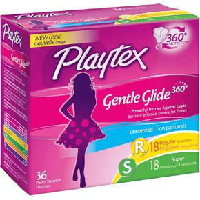 Playtex Gentle Glide Tampons, Plastic, Multi-Pack, Unscented, 18 regular/18 super 36 ct.