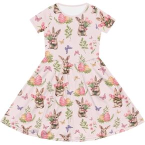 Girls Short Sleeve Skater Dress Size 2-14 Kids Cute Clothes Swing Twirl Dress for Girls Holiday Party Outfits