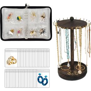 Transparent Jewelry Storage Book for Necklace Bracelet Ring Holder with Small Clear Zippered Pouch+360° Rotating Wood Necklace Holder Organizer