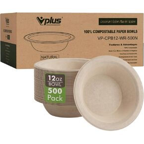 Vplus 500 Pack 12 OZ Paper Bowls, Disposable Compostable Bowls Bulk, Eco-friendly Bagasse Bowls, Heavy-duty Bowls Perfect for Milk Cereals, Snacks, Salads