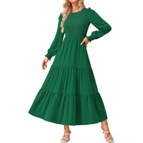 KIRUNDO Women Fall Wedding Guest Dress Long Sleeve Maxi Dress Casual Crew Neck Smocked Tiered A Line Flowy Long Dresses