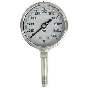 PIC Gauge 4001-9LV 4" Dial, 0/15000 psi Range, 9/16-18 MP Male Connection Size, Bottom Mount Dry Process Pressure Gauge with a Stainless Steel Case and Internals, Removable Stainless Steel Bezel, and Laminated Safety Glass Lens