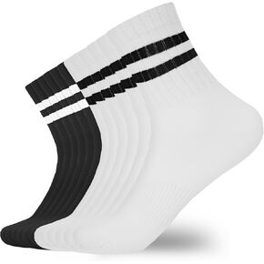 6 Pairs Mens White Stripes Socks Crew Half Calf Socks Athletic Sports Running Socks for Men Women Teens(Cotton, white x3 +black x3)