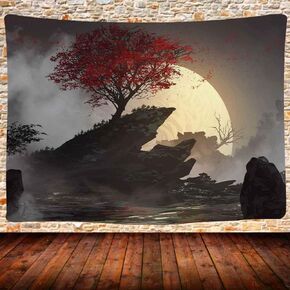 UHOMETAP Moon Tapestry Wall Hanging, Misty Forest with Mountains Tapestry Fantasy Night Landscape Red Tree of Life Moon Wall Hanging Tapestry for Home Decor 80x60 Inches GTDSUH310