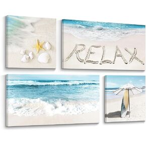Beach Ocean Pictures Wall Art: Starfish Seashell Canvas Summer Coastal Surfboard Prints Relax Seaside Scenery Tropical Seascape Painting Blue Sea Wave 4 Pieces Seashore Artwork for Bedroom